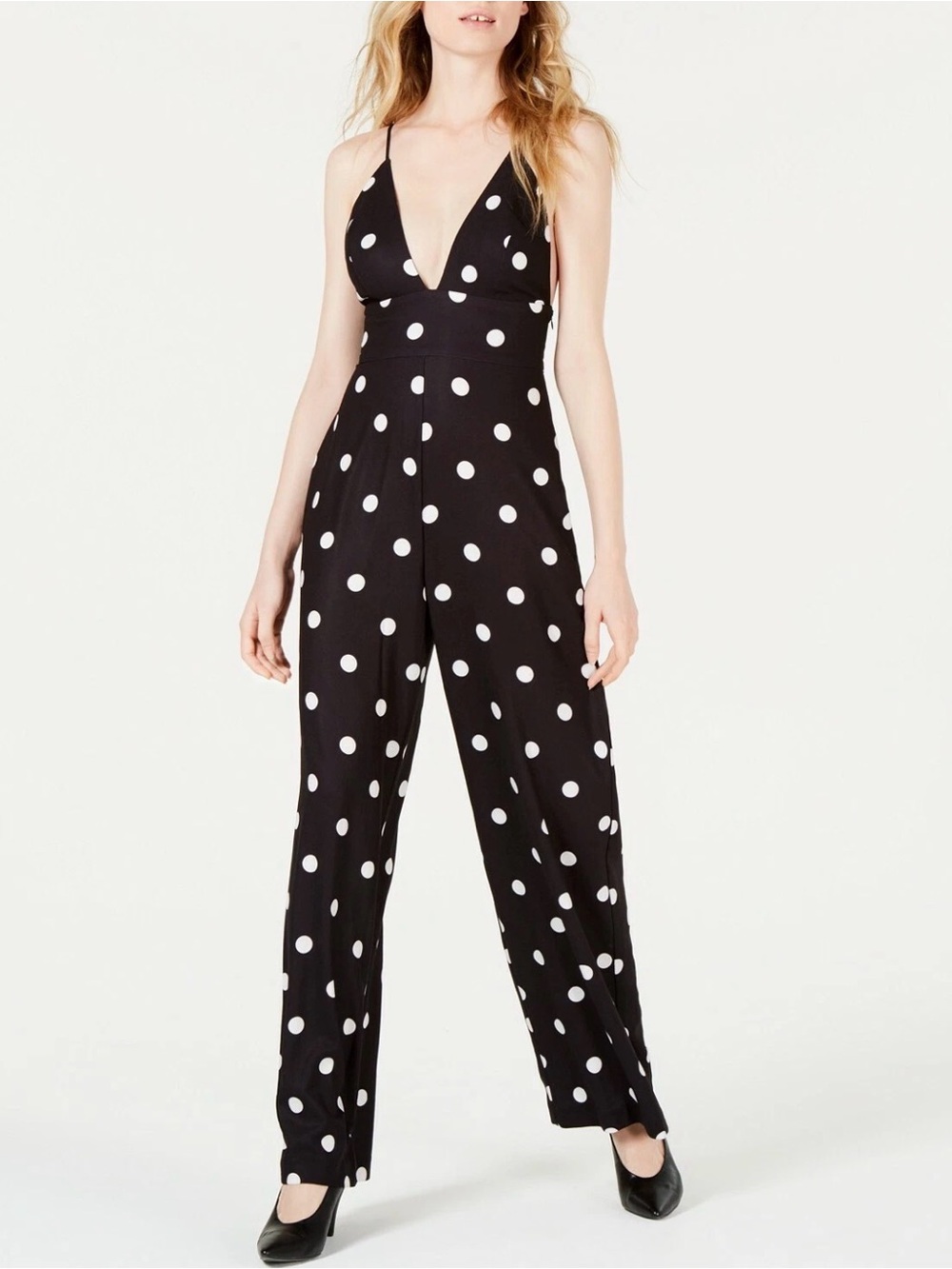 Black and White polka-dot Leyden deep V-neck jumpsuit Size M NWT